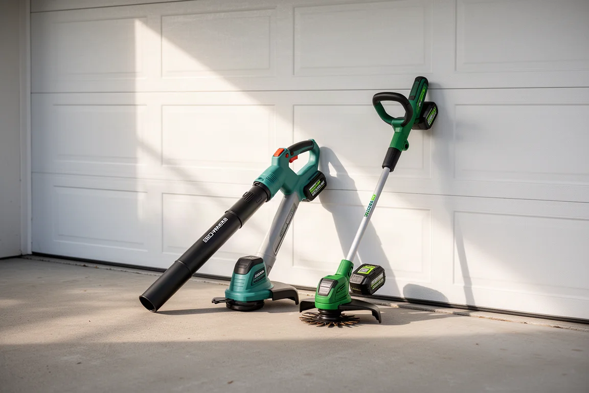 Cordless blower and string trimmer leaning against a garage wall
