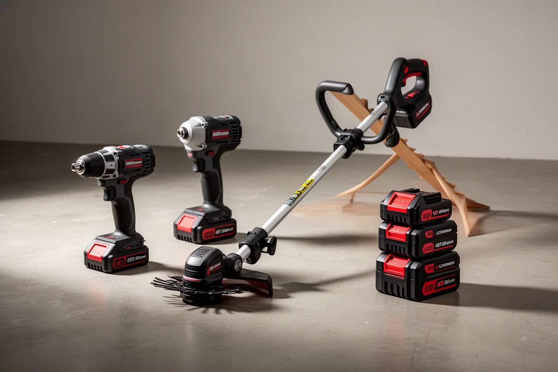 Assortment of cordless power tools and batteries arranged on a concrete floor