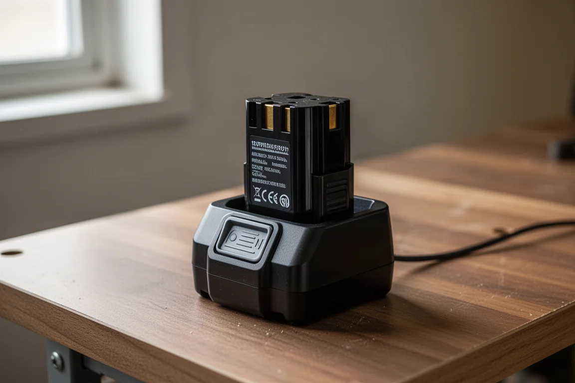 Bateria compacta de 12V carregando em uma bancada de oficina