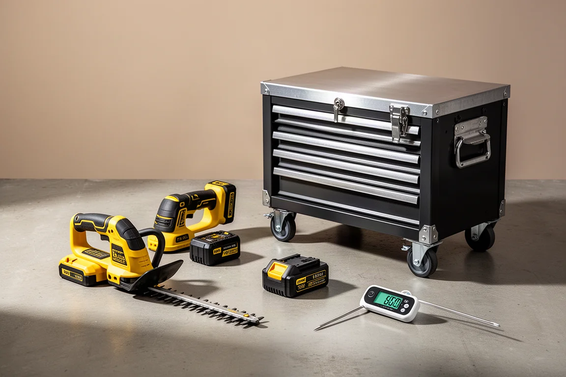 Outdoor trimmer, tool battery, rolling tool chest, and cooking thermometer arranged on concrete