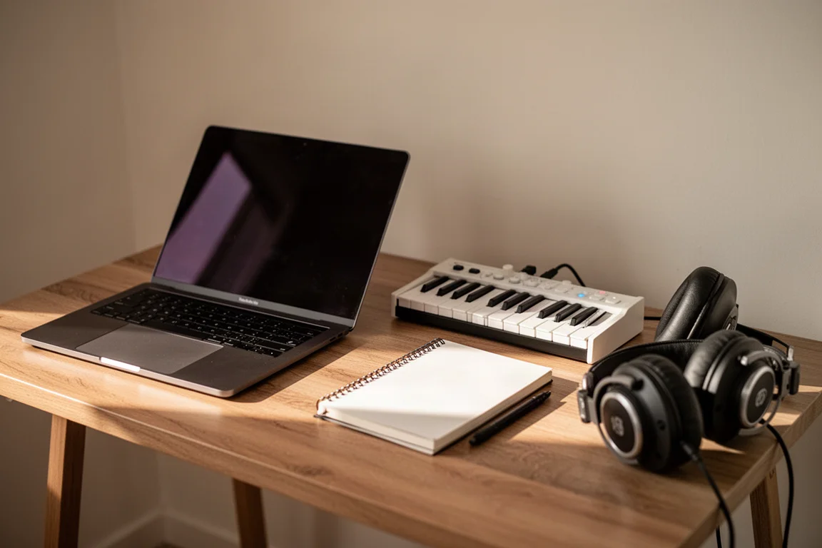 午後光線下的家用工作室桌面,擺著闔上的筆電、小型 MIDI 鍵盤與錄音室耳機