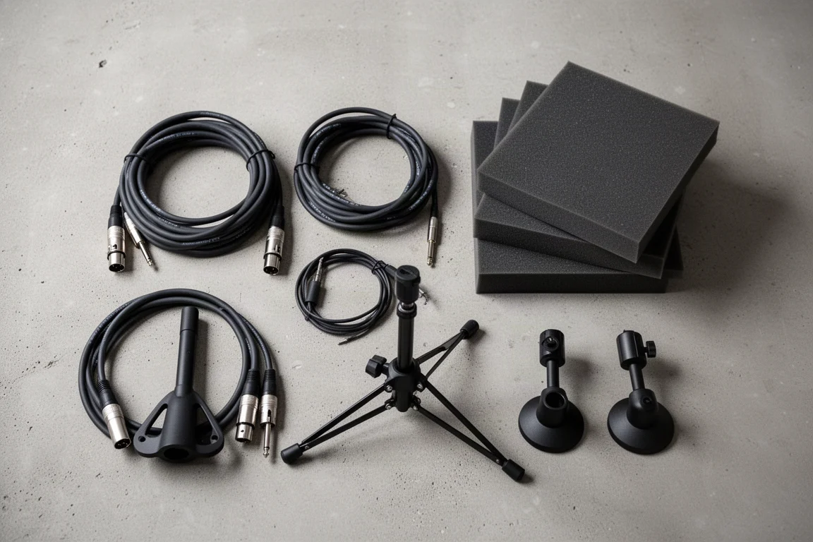 在水泥地上俯瞰平放的 XLR 線材、樂器導線、泡棉吸音板與腳架底座