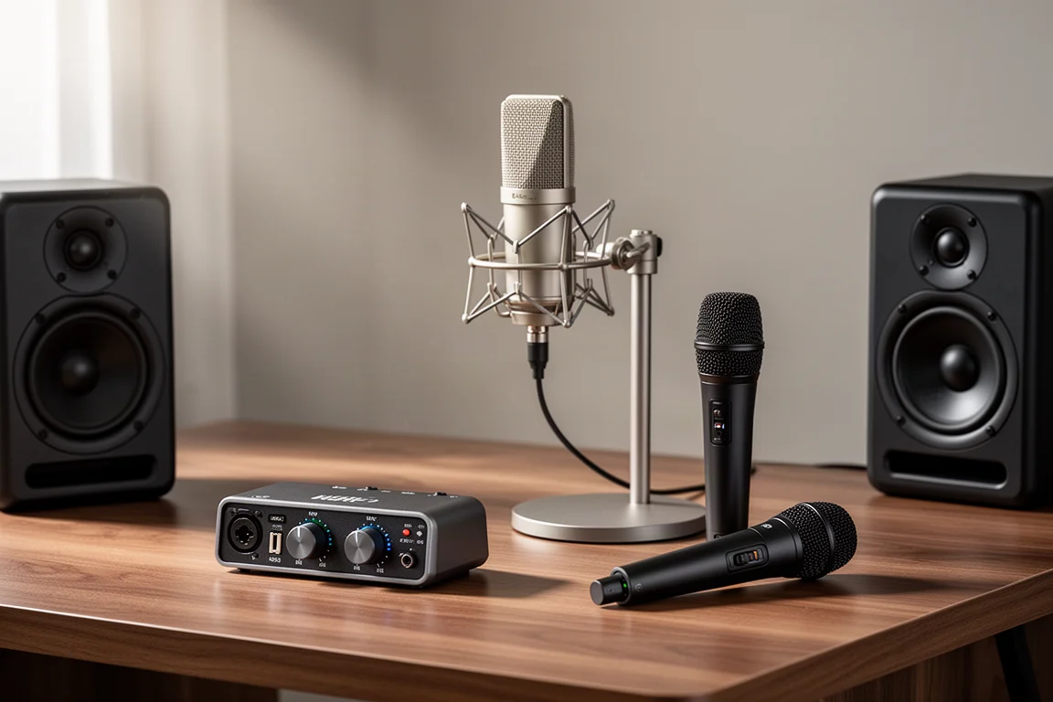 Home studio desk with audio interface, condenser microphone, dynamic microphone, and studio monitors