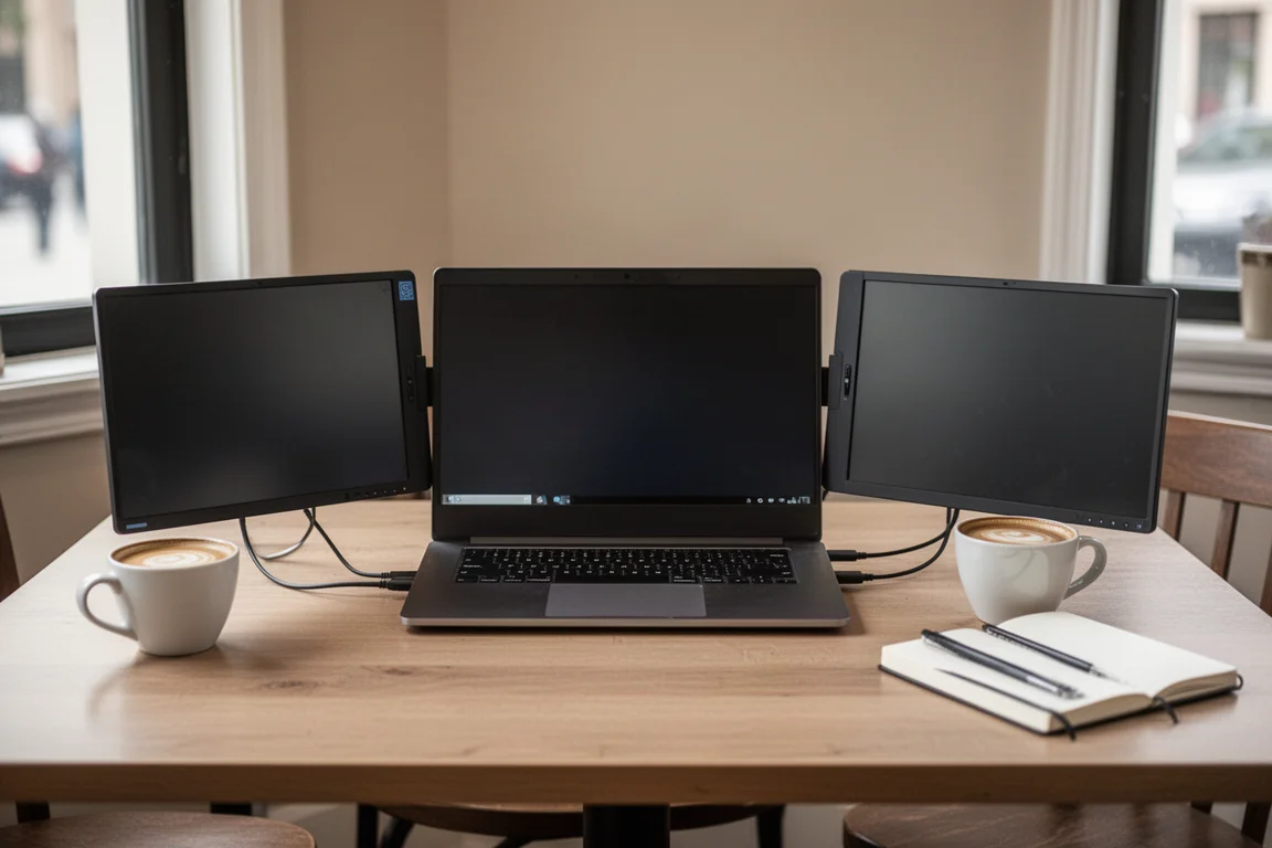 Pessoa trabalhando em um notebook com dois monitores portáteis adicionais acoplados