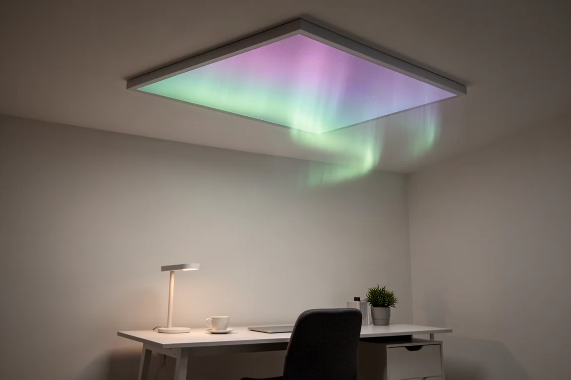 Painel retangular de luminária de teto inteligente brilhando com cores suaves no estilo aurora boreal
