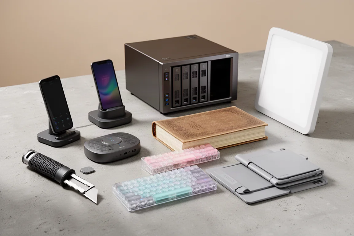 Eight home office accessories arranged on a matte concrete surface