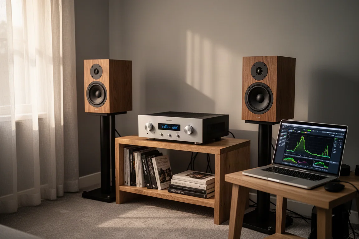 Sala de audição com amplificador estéreo, caixas bookshelf e tratamento acústico