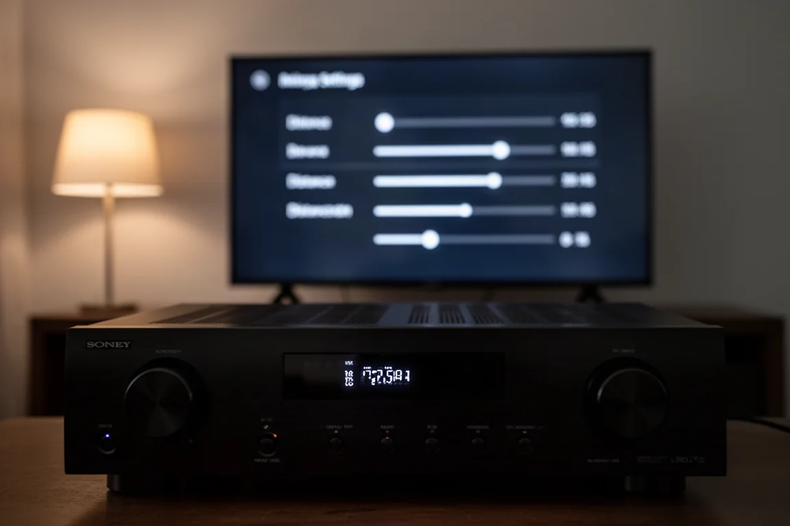 Tela de televisão mostrando menu de configurações de receiver com valores de nível e distância