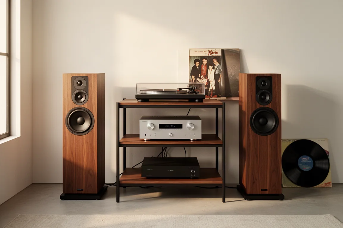 Rack hi-fi minimalista com amplificador estéreo entre duas caixas torre