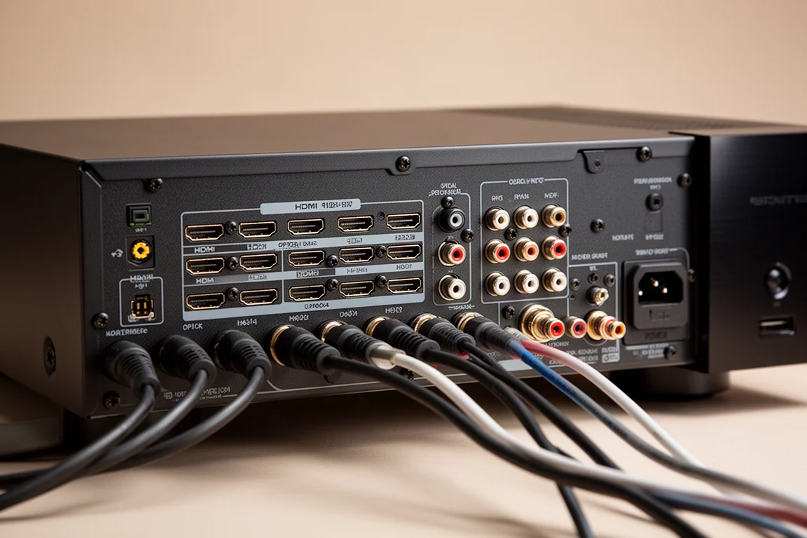 Painel traseiro de home theater receiver mostrando conexões HDMI e ópticas