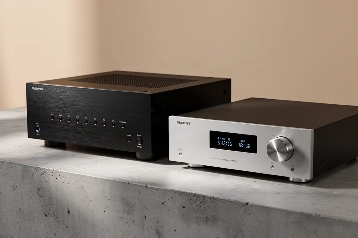 Home theater receiver and slim two-channel integrated amplifier side by side on concrete