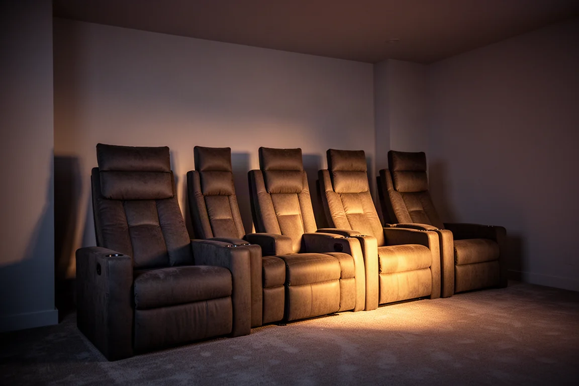 Rij hoge theaterstoelen met hoge rug tegen een muur in een schemerige mediaruimte