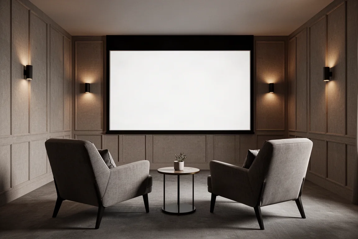 Twee armstoelen schuin naar een scherm gericht in een zacht verlichte filmzaal