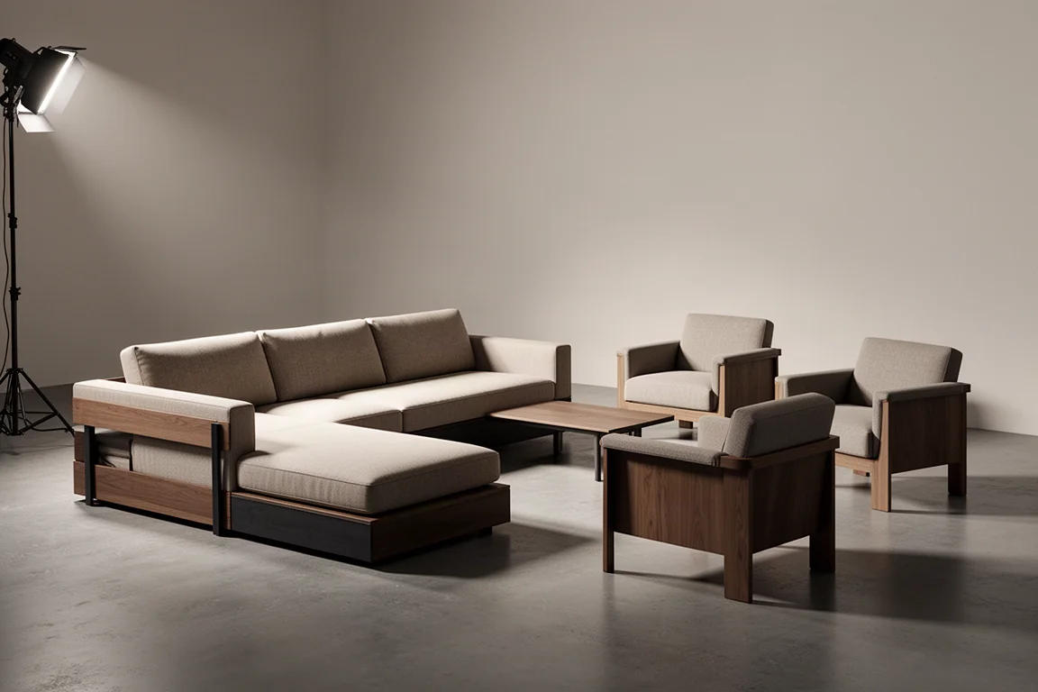 Low-profile sectional and two lounge chairs arranged in a modern media room