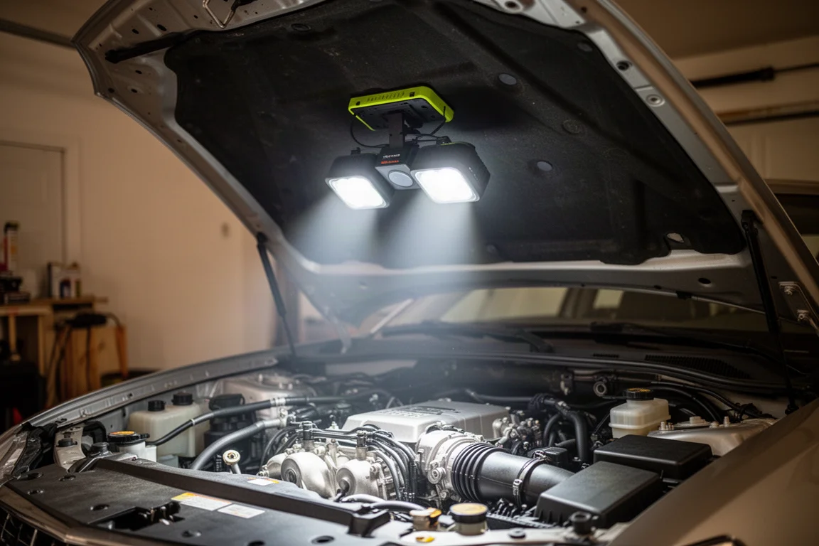 Lampada da lavoro a doppia testa agganciata al cofano di un'auto che illumina il vano motore