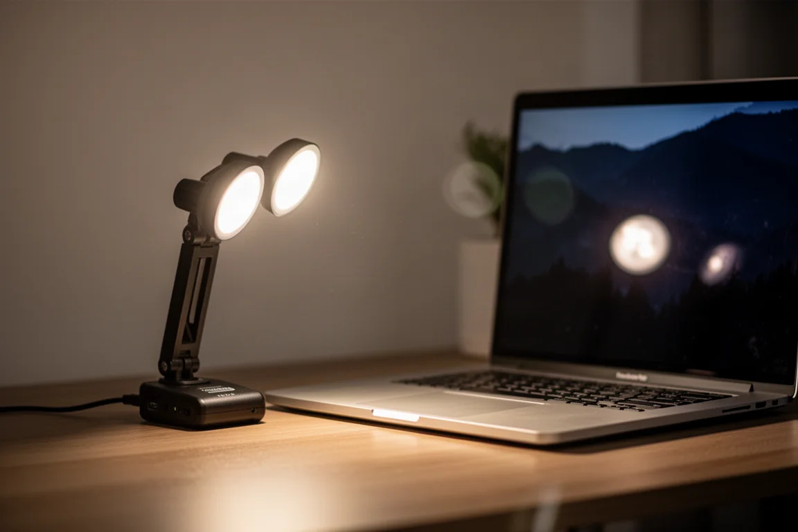 Lampada da lavoro appoggiata su una scrivania usata come luce per il volto in una configurazione per videochiamate