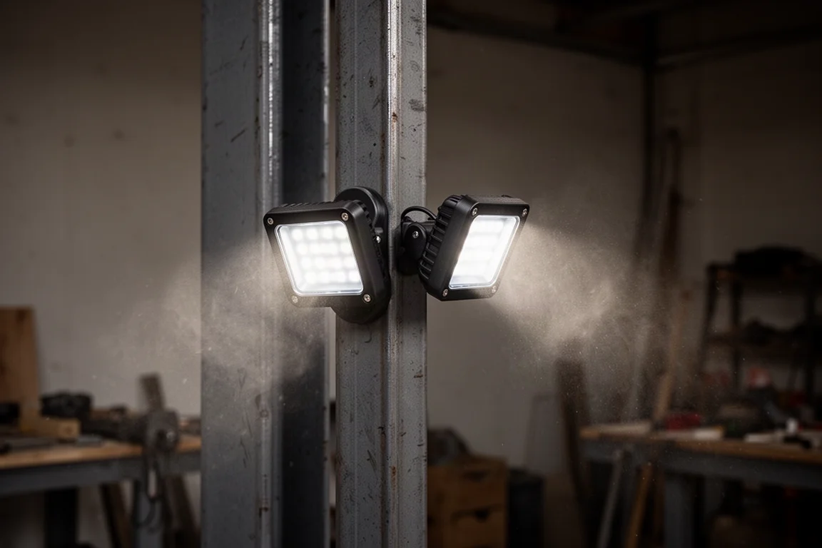 Lampada da lavoro trattenuta magneticamente su una superficie in acciaio in un'officina buia