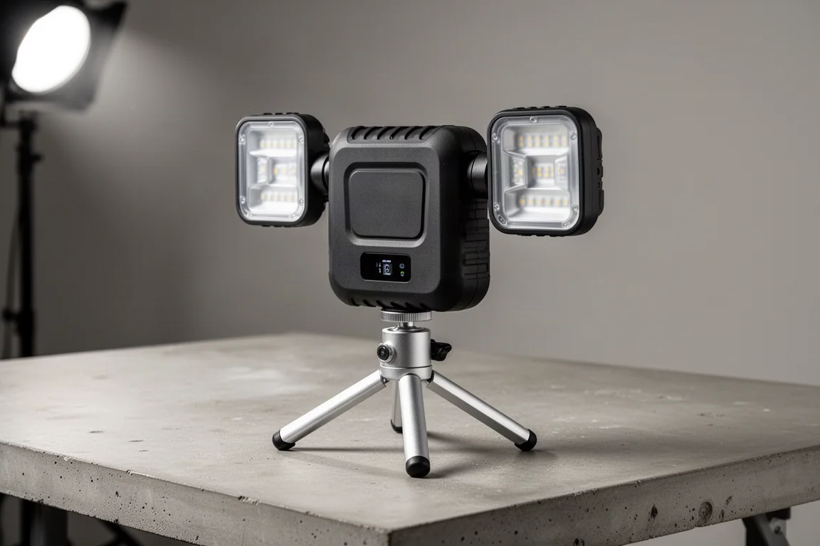 Dual-head LED work light on a concrete workbench surface