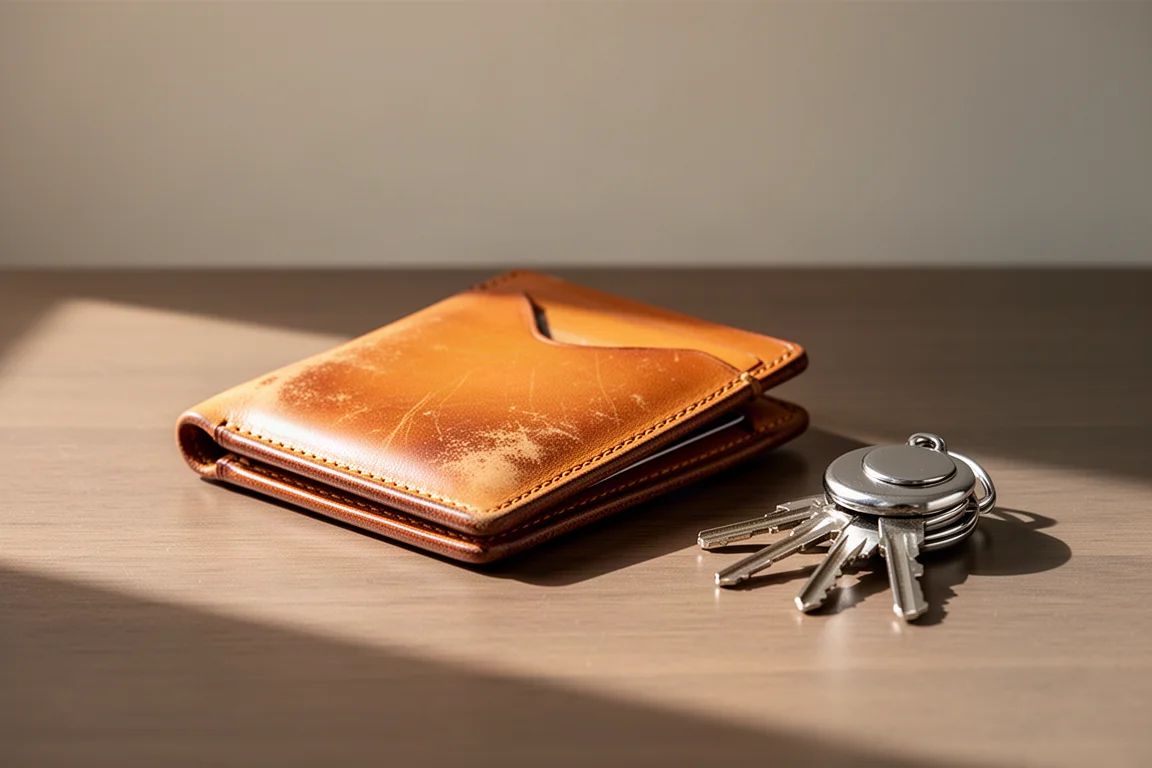 Een versleten leren kaartenhouder-portemonnee en alledaagse sleutels op een houten bureau