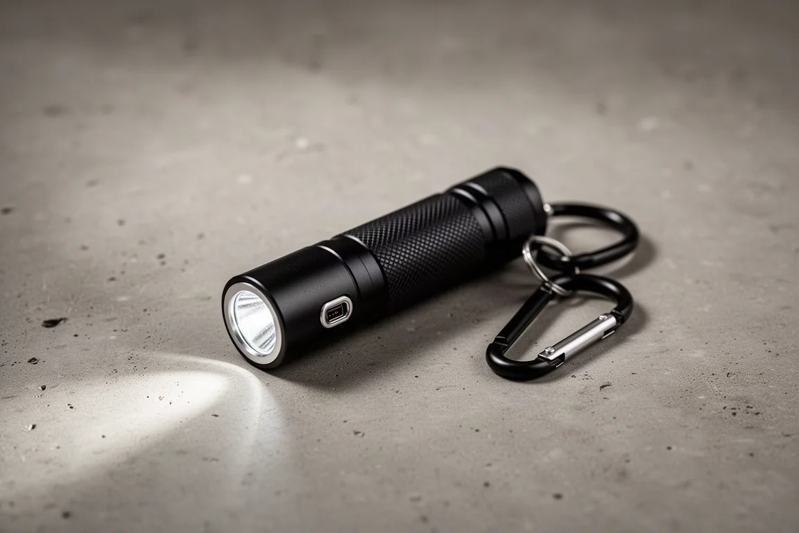 Een compacte zakzaklamp aan een sleutelhanger op een betonnen oppervlak