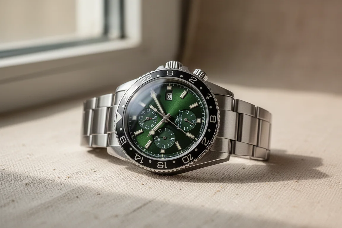 Een polshorloge met GMT-wijzer gefotografeerd in zacht neutraal licht