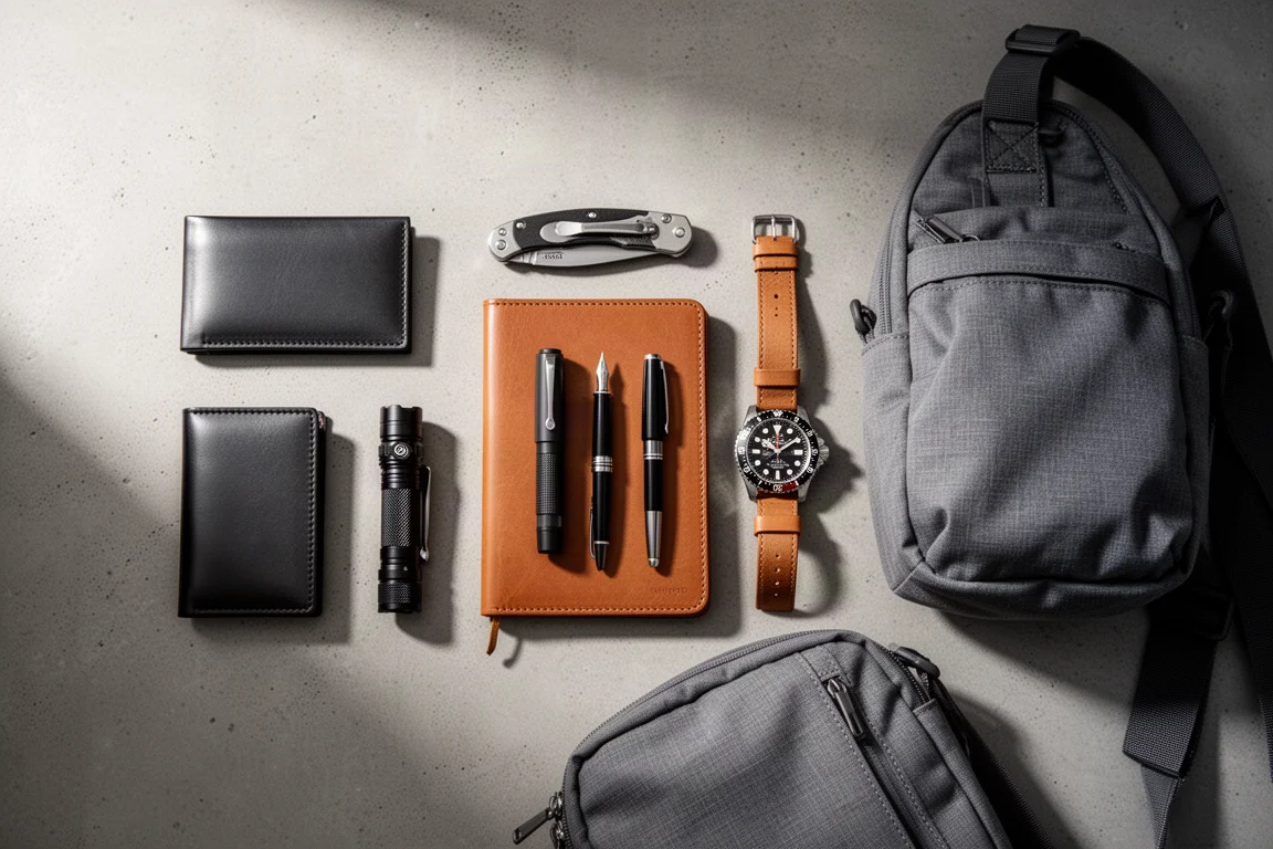 Flat-lay of everyday carry items including wallet, knife, flashlight, notebook, watch, and sling bag