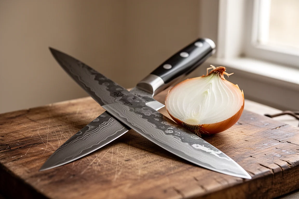 Tall Damascus-finished bunka blade resting on a wooden cutting board beside a halved onion