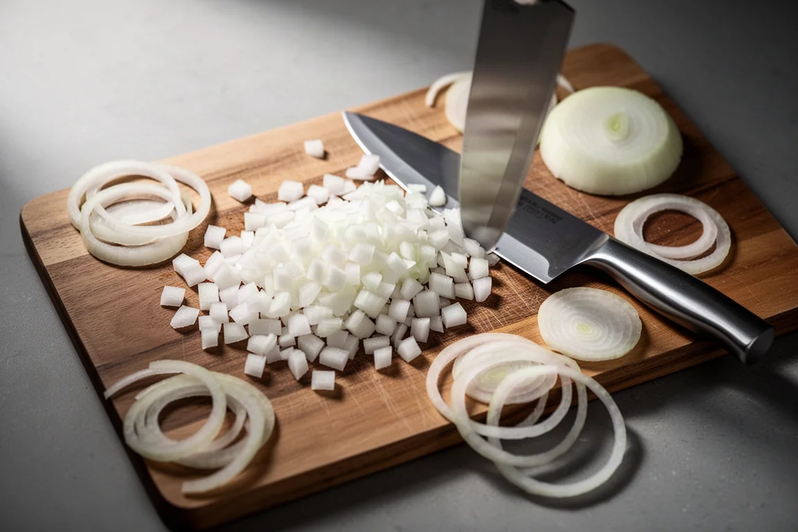 Chef dicing an onion with thin clean cuts on a cutting board