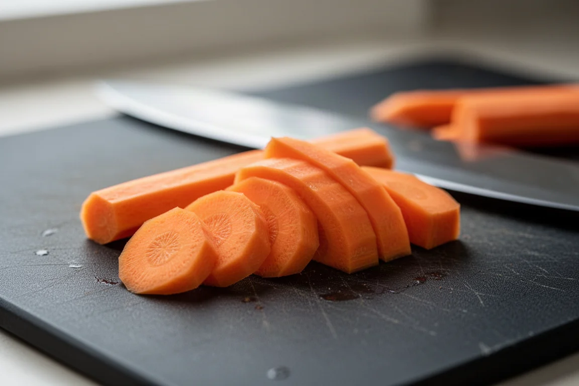 Freshly cut carrot batons showing clean, non-crushing edges on a chopping board