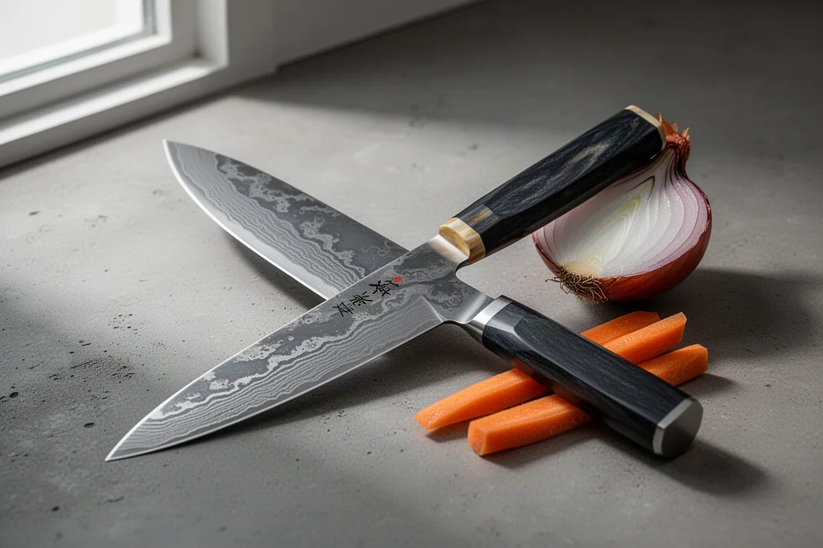 Damascus-finished bunka kitchen knife on concrete beside a halved onion and carrot sticks