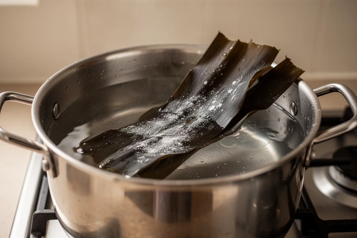 Alga kombu remojándose en una olla de agua fría sobre la cocina