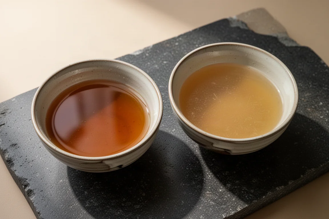 Dos tazones de caldo dashi lado a lado mostrando colores diferentes