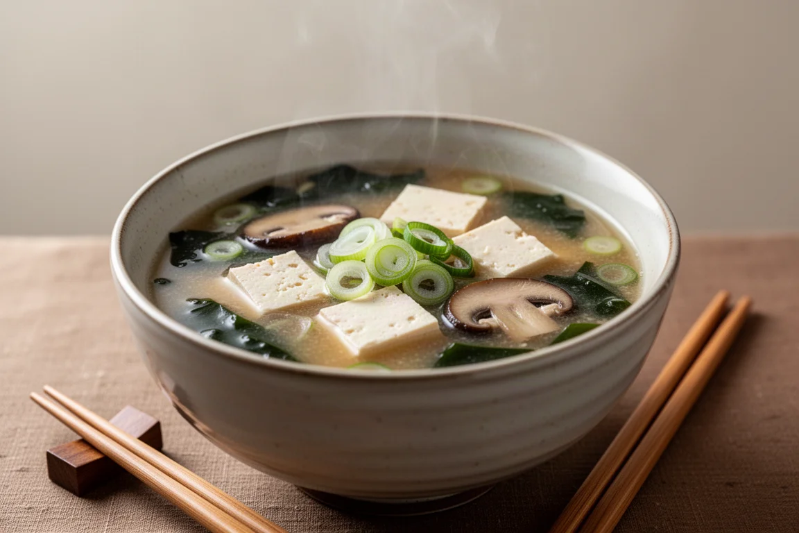 Sopa de miso con dados de tofu y setas en un tazón de cerámica