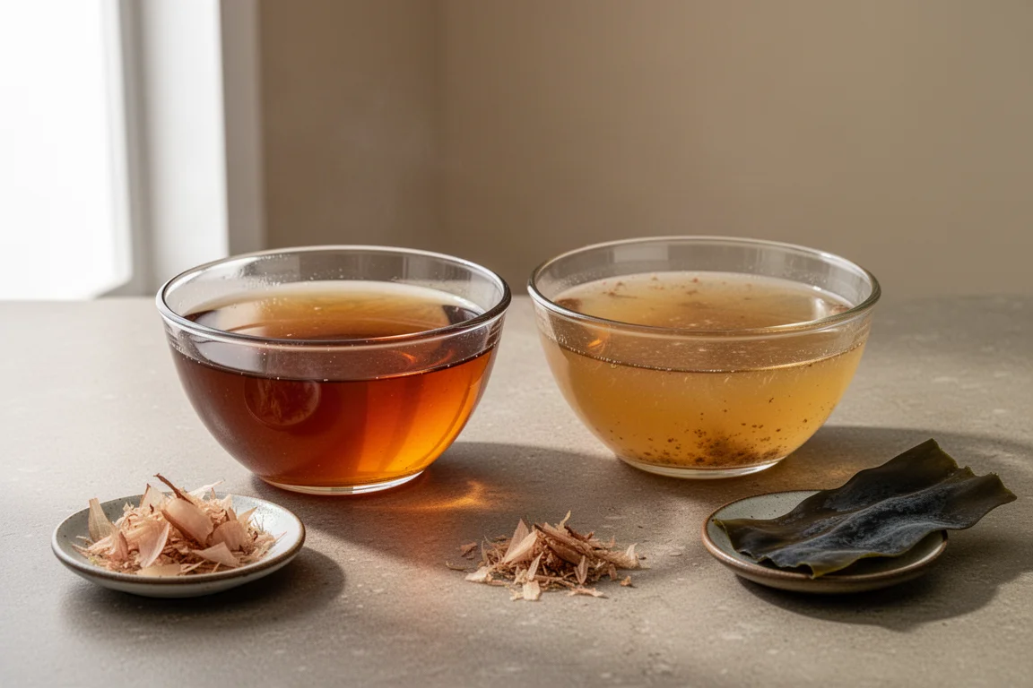 Two bowls of dashi broth, one deep amber and one pale, on a stone countertop