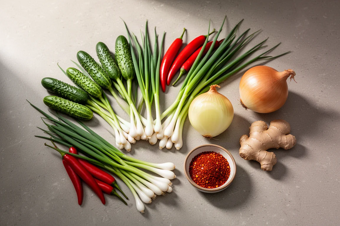 Frische Gurken, Knoblauchlauch und Chilis auf einer Küchenanrichte ausgelegt
