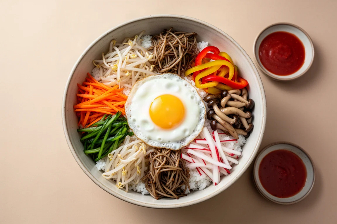 Bibimbap-Schale mit angerichtetem Gemüse und flüssigem Eigelb gekrönt