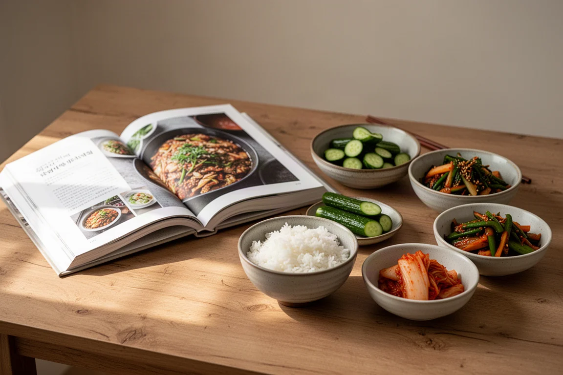Offenes Kochbuch neben einer selbst gekochten koreanischen Mahlzeit auf einem Tisch