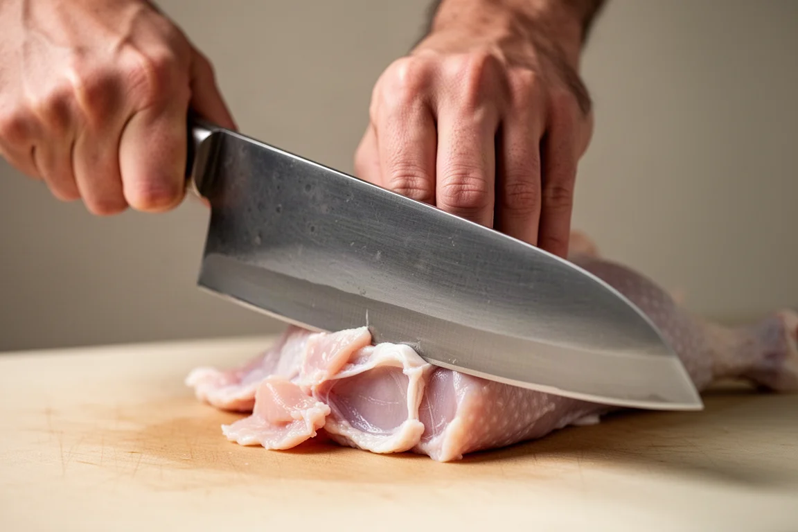 Primo piano del dorso spesso di un coltello a filo singolo che preme attraverso la cartilagine del pollame