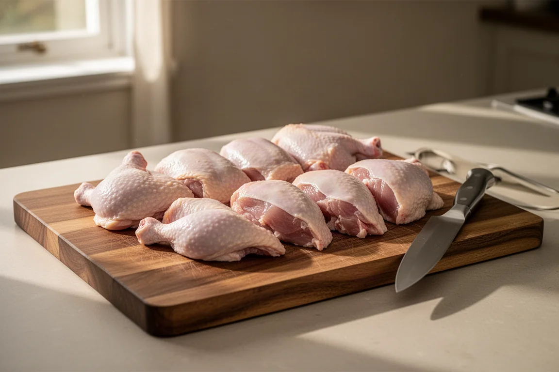 Porzioni di pollo finite disposte ordinatamente su un tagliere in una cucina domestica