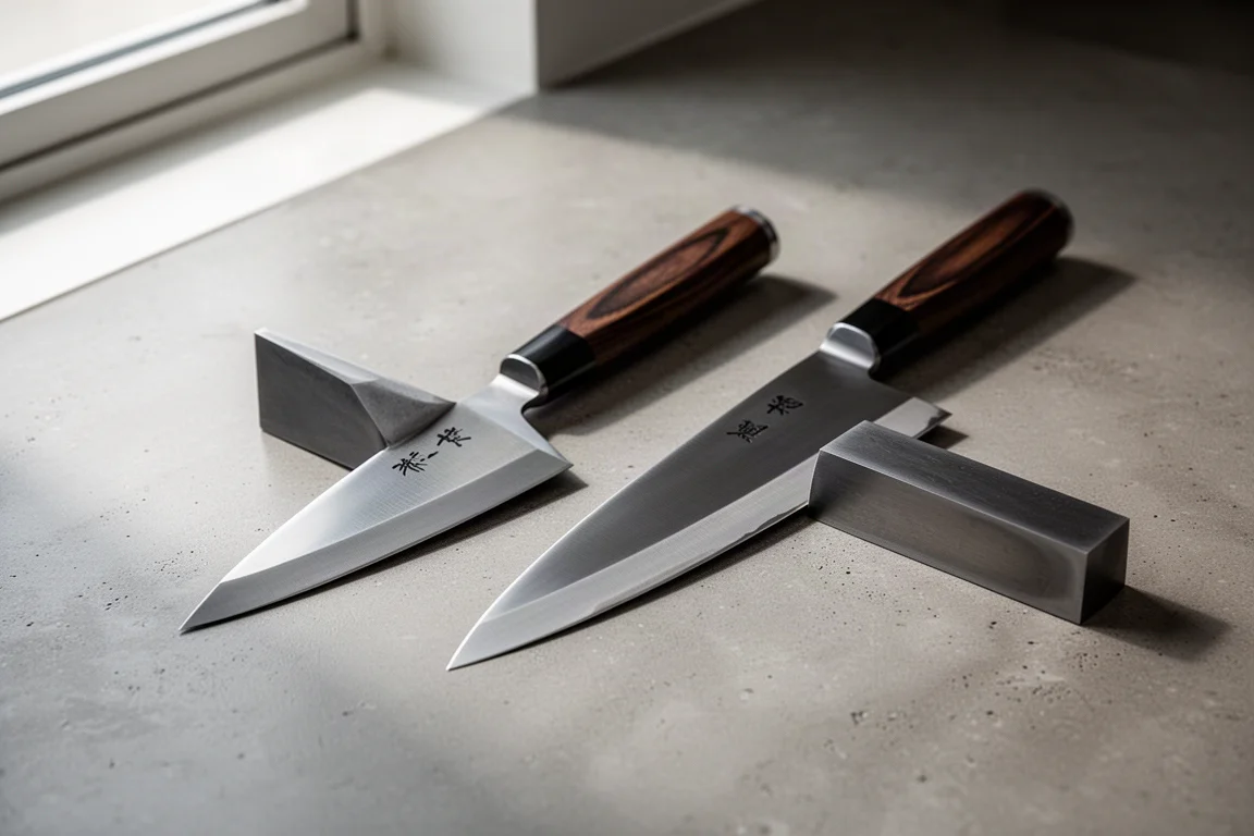 Honesuki and deba Japanese knives side by side on a concrete countertop
