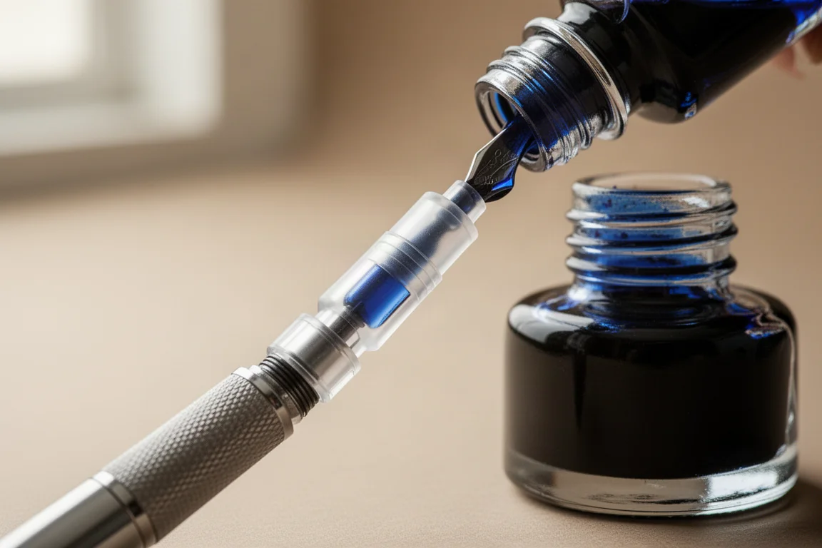 Convertitore per penna stilografica di piccole dimensioni riempito con inchiostro blu da flacone