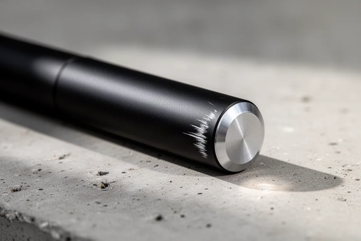 Fusto di penna in alluminio anodizzato con una lieve graffiatura vicino all'estremità