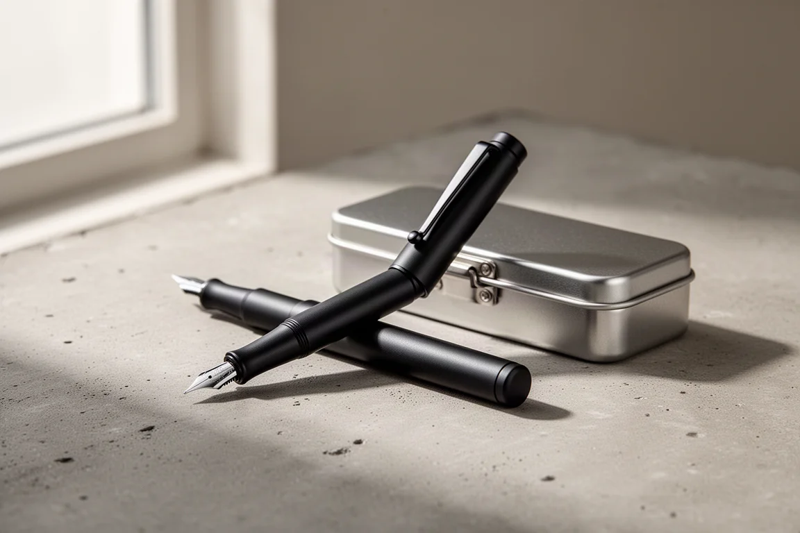 Compact black aluminum pocket fountain pen beside its hinged metal storage tin on concrete