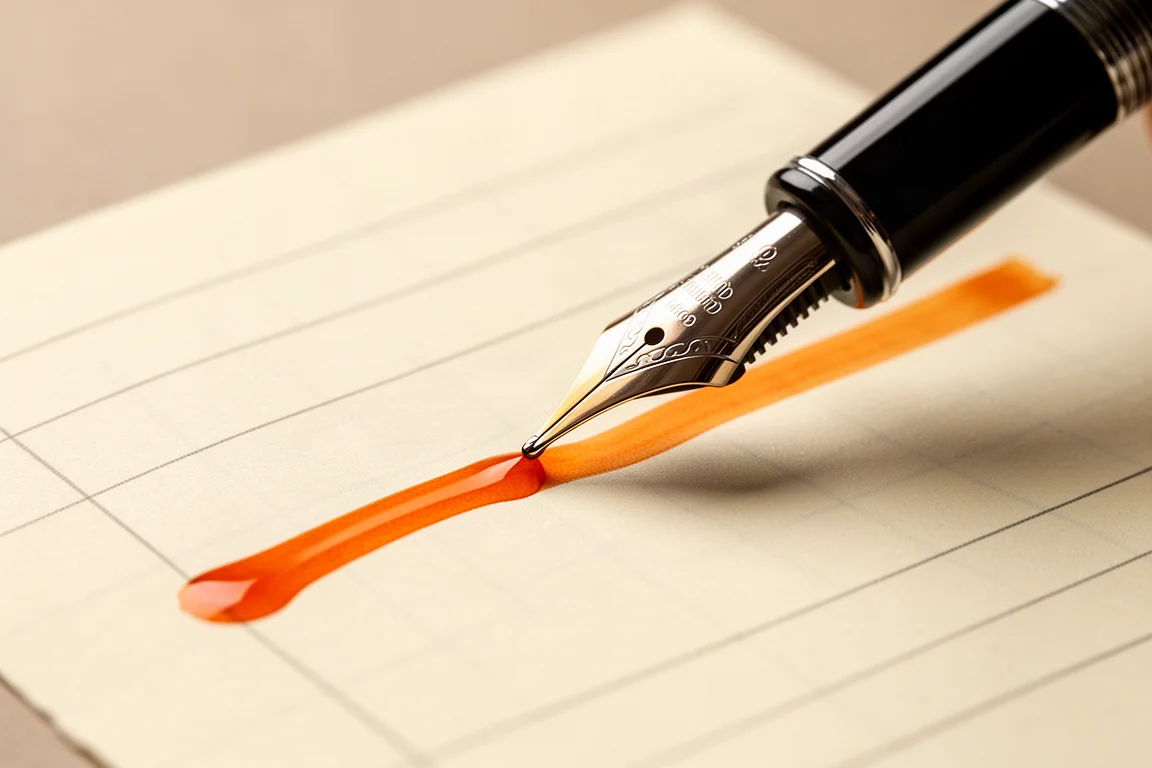 Penna stilografica che scrive con inchiostro arancio sfumato su carta crema a righe