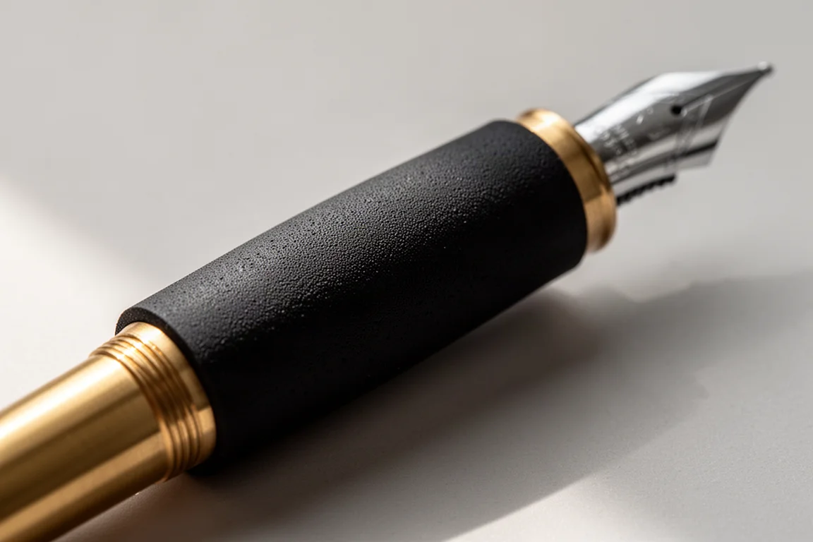 Dettaglio della sezione metallica di una penna stilografica con rivestimento gommato tattile