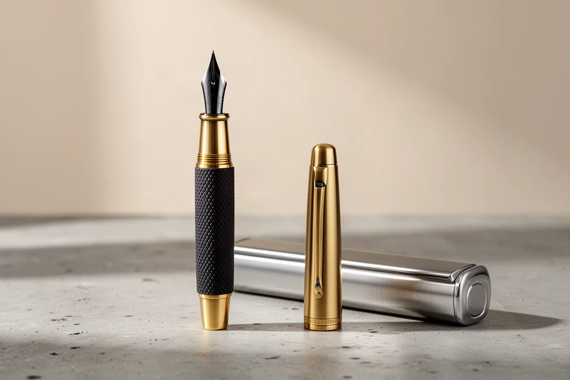 Brass fountain pen with rubberized coating and metal case on concrete surface