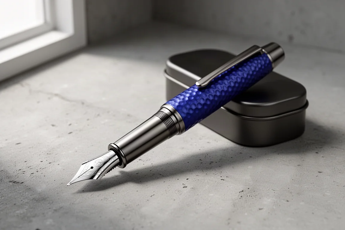 Blue Hongdian A9 fountain pen with engraved texture beside its metal tin