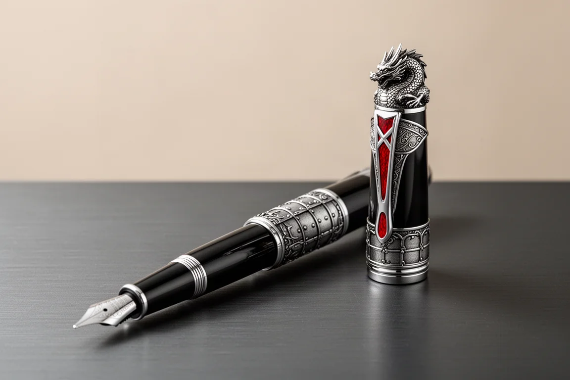 Black and silver Hongdian D5 fountain pen with engraved overlays and arrow-shaped clip