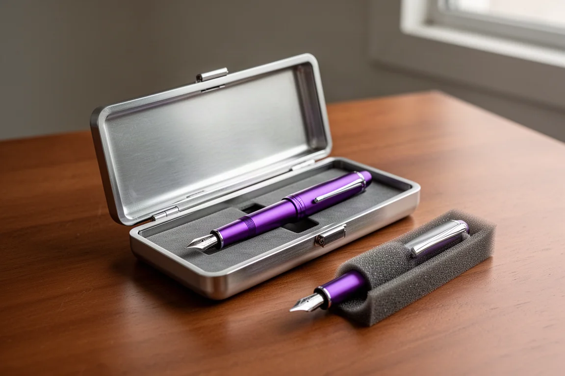 Penna stilografica rossa e gunmetal in una scatola di latta aperta con cerniera e imbottitura morbida