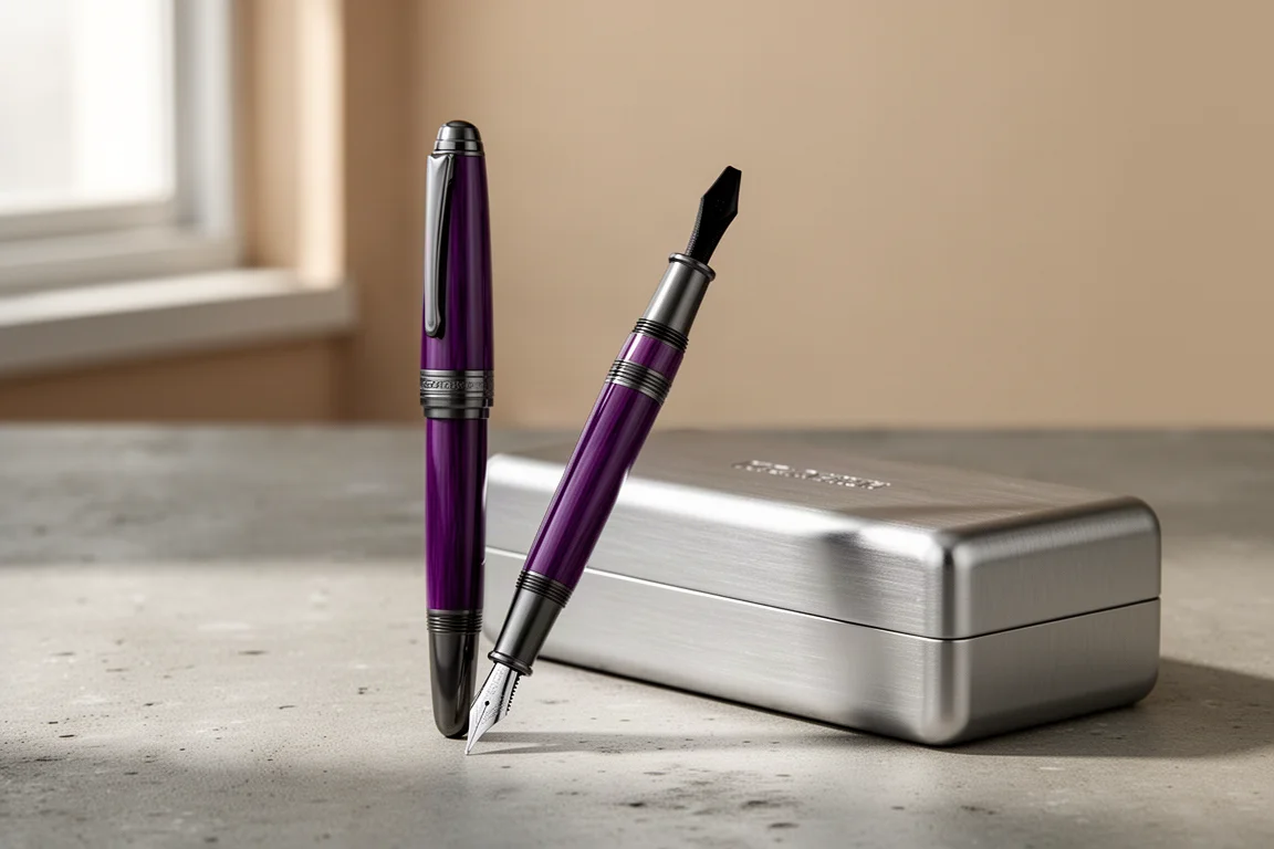 Purple HongDian D5X fountain pen beside a metal presentation case